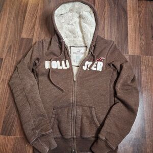 Vintage Y2K Hollister Sherpa Hoodie Jacket Womens Small Brown Full Zip